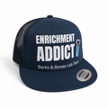 Navy blue cap with 'Enrichment Addict' text on a white background