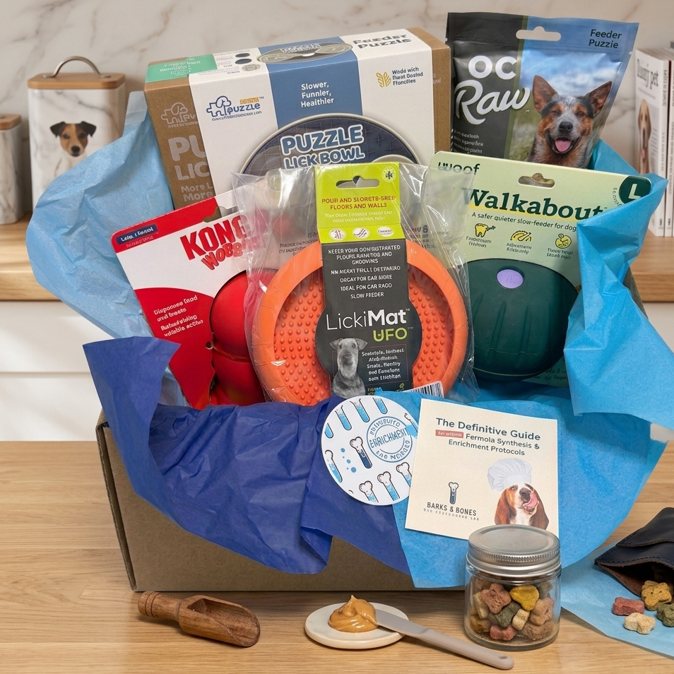 Dog product box with various pet accessories on a wooden surface